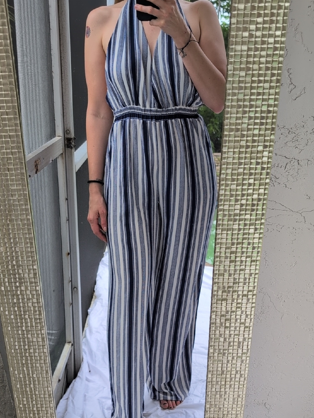 Lulu's Navy & White Halter Wide Leg Jumpsuit